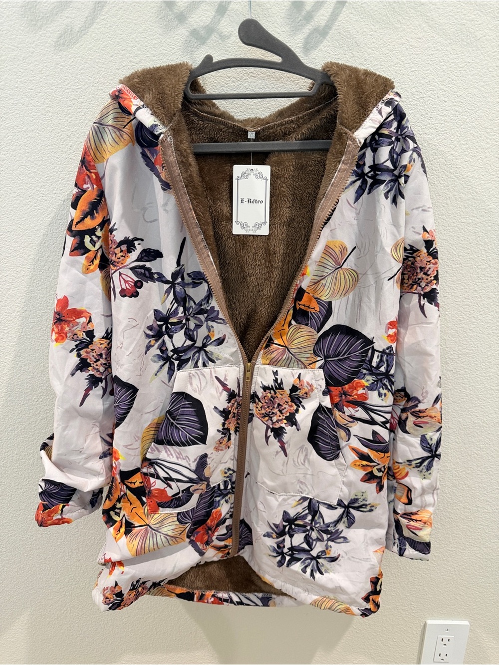 E-Retro Floral Sherpa Lined Hooded Jacket Zip Up Boho Cozy